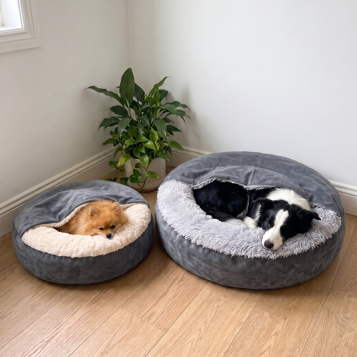 CuddleCave – Two sizes in Grey-Beige and Grey side by side
