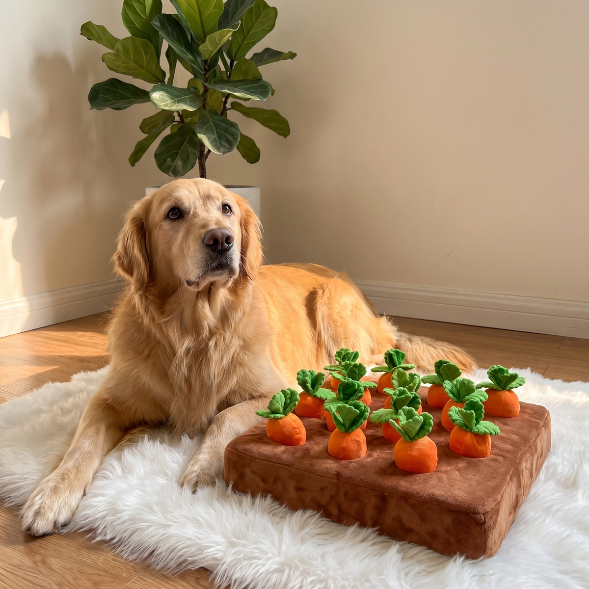 Hund ruht neben Karotti